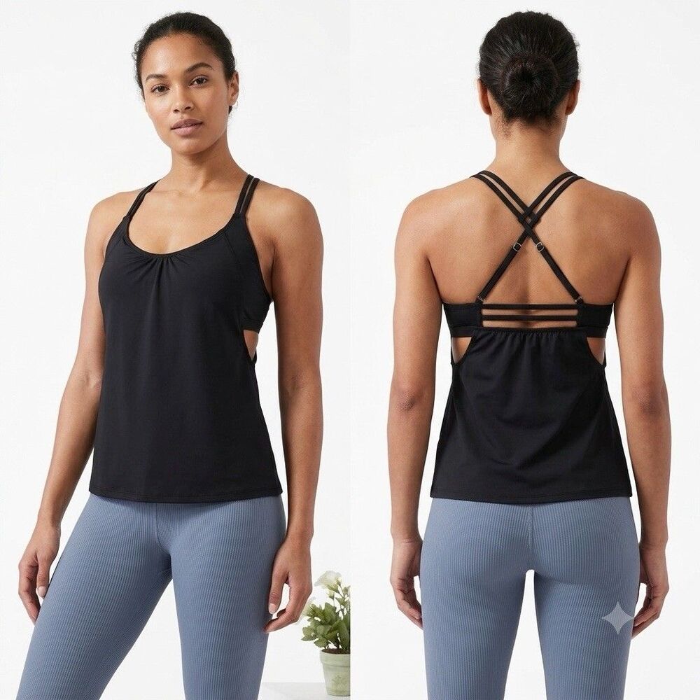 Athleta Black Strappy Tankini Swim Top Small Built In Sports Bra Activewear New
